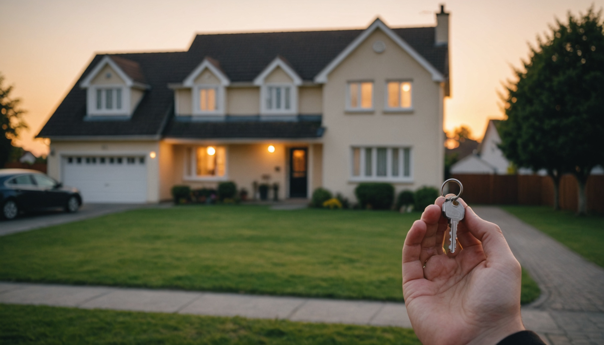 A photograph of a person holding a key in front of a beautiful suburban home, with a warm and inviting lighting, conveying a sense of accomplishment and happiness
