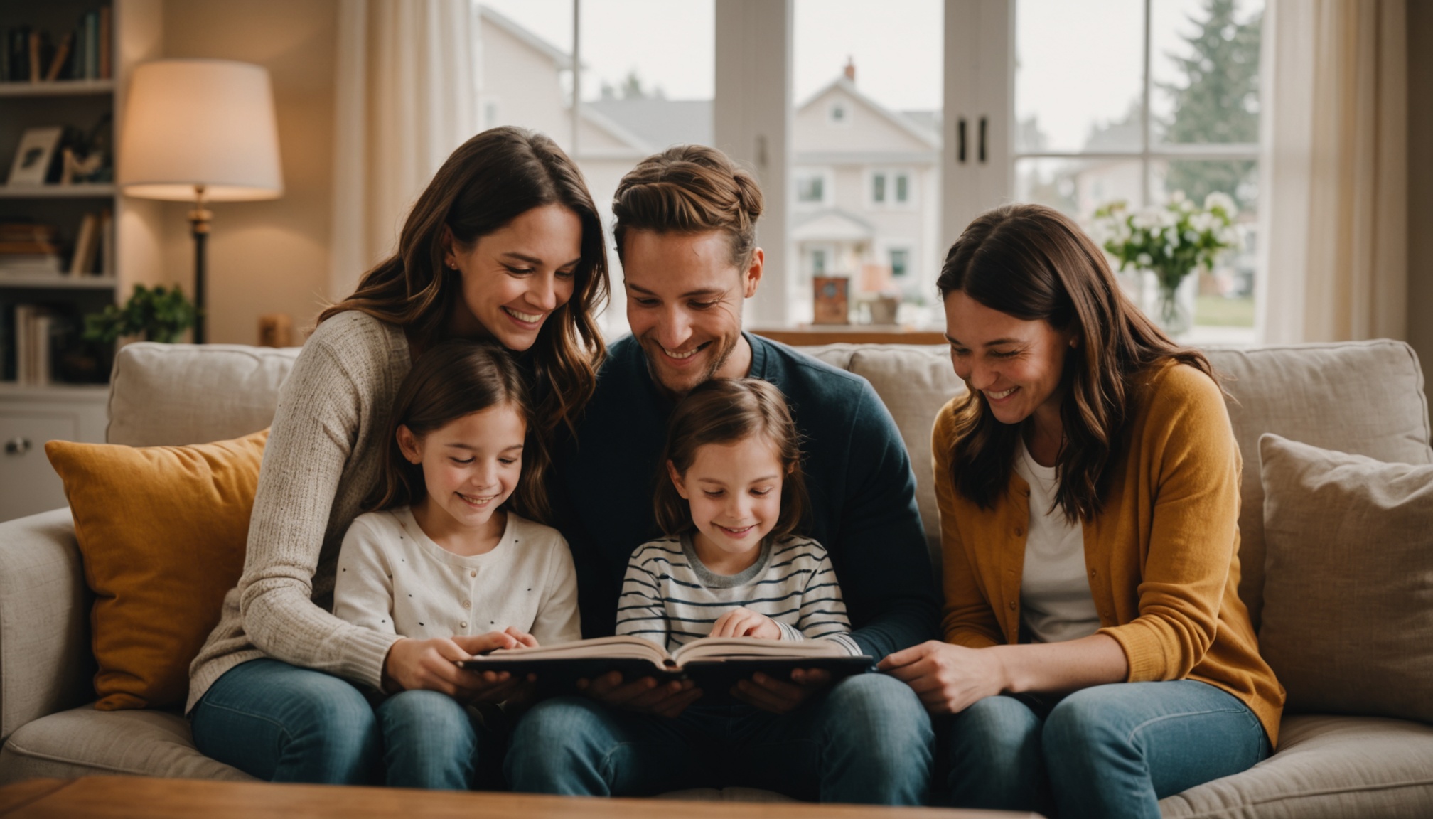 A warm and cozy living room with a family of four sitting on a couch, smiling and looking at a photo album, with a large window in the background showing a beautiful suburban neighborhood, photographed in a natural and candid style with a shallow depth of field, using a 50mm lens and a mix of natural and artificial lighting