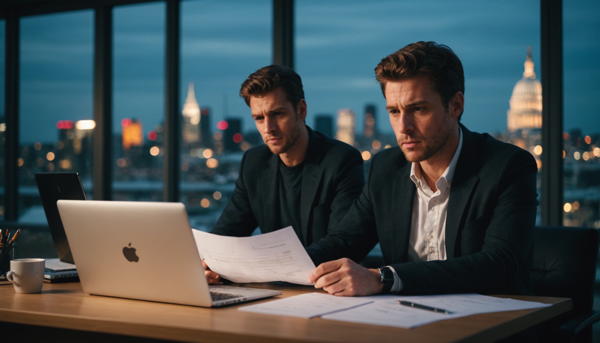 A photograph of a person sitting at a desk with a laptop and a stack of papers, looking concerned but determined, with a cityscape in the background, shot in a cinematic style with a shallow depth of field